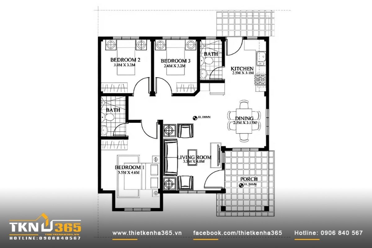 Bản vẽ mặt bằng nhà cấp 4 6x20m 3 phòng ngủ với không gian chia thành ba lớp