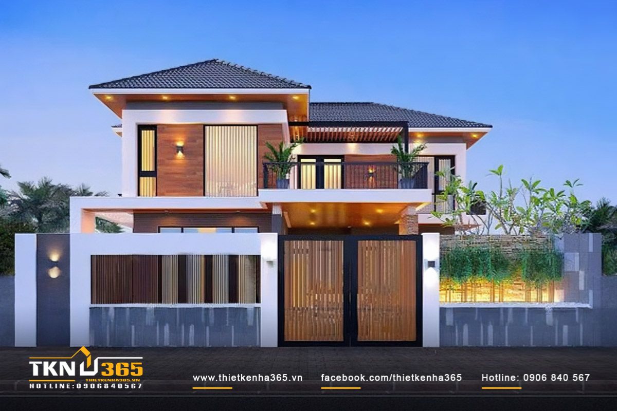 Mẫu nhà mái Nhật 2 tầng sở hữu mặt tiền cân đối, phân tách rõ ràng khu vực sinh hoạt chung và riêng