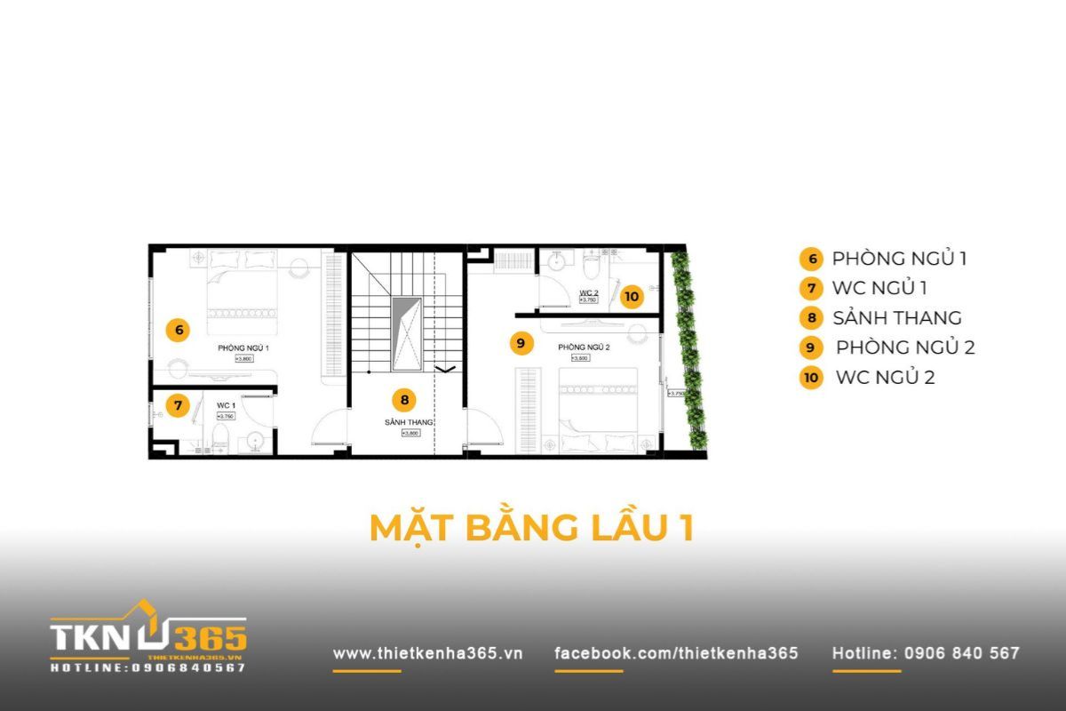 Lầu 1 là không gian nghỉ ngơi riêng tư của các thành viên trong gia đình, thường bao gồm hai phòng ngủ