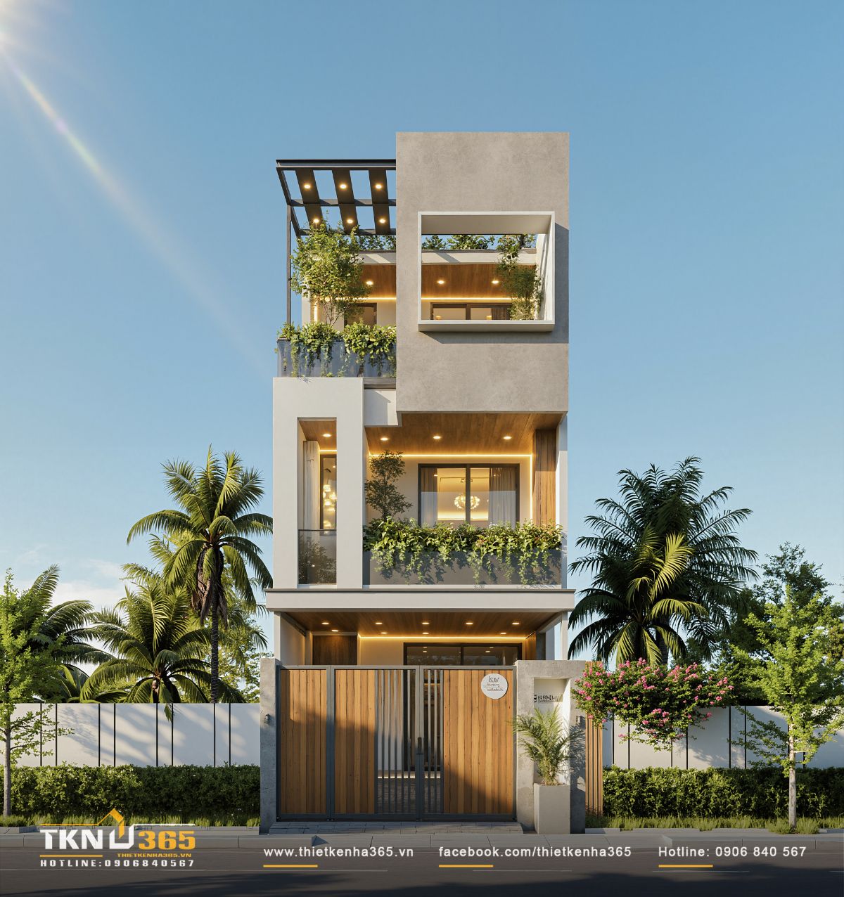 Mặt tiền nhà 1 trệt 2 lầu 6x20m ưu tiên mảng xanh để tạo lớp đệm vi khí hậu, làm mát cho không gian sống bên trong