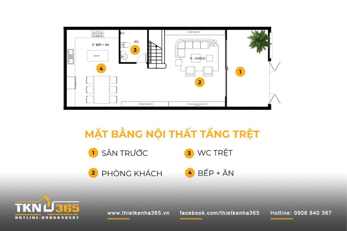 Bản vẽ nh&agrave; 1 trệt 2 lầu 6x20 ưu ti&ecirc;n bố tr&iacute; kh&ocirc;ng gian sinh hoạt chung ở tầng trệt