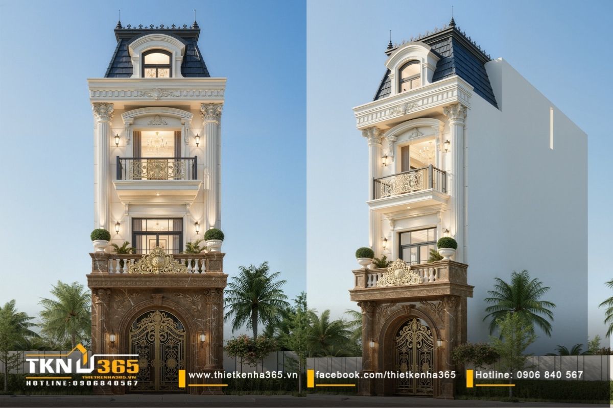 Mẫu nh&agrave; 1 trệt 2 lầu mặt tiền 6m thiết kế theo phong c&aacute;ch t&acirc;n cổ điển bề thế v&agrave; sang trọng