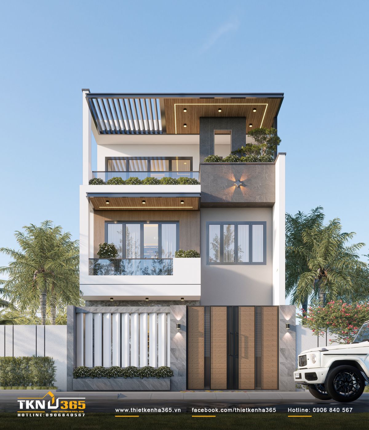 Mặt tiền nhà phố 3 tầng T’S House tổ chức theo các mảng khối mạch lạc, sử dụng bảng màu trung tính kết hợp gỗ và đá tạo nên tổng thể hiện đại, cân đối