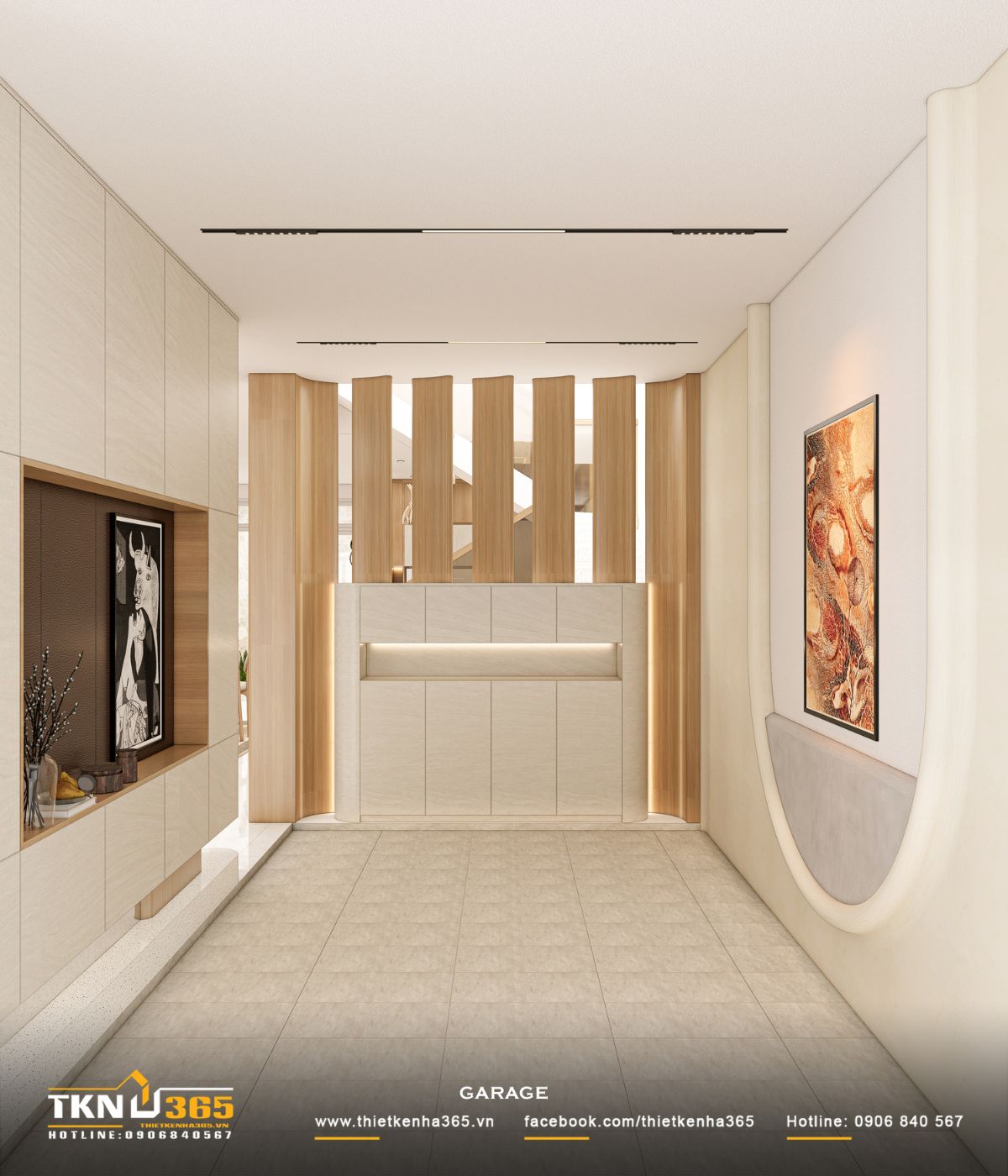 Không gian để xe thiết kế tối giản, đồng bộ vật liệu và ánh sáng hắt, tạo cảm giác gọn gàng và ấm áp ngay từ lối vào