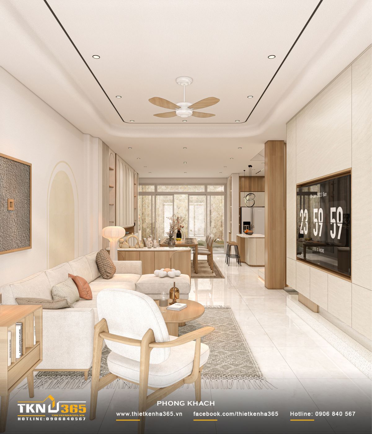 Phòng khách nhà phố 3 tầng sử dụng bảng màu be - kem kết hợp gỗ sáng, tạo nên không gian Japandi nhẹ nhàng và ấm áp