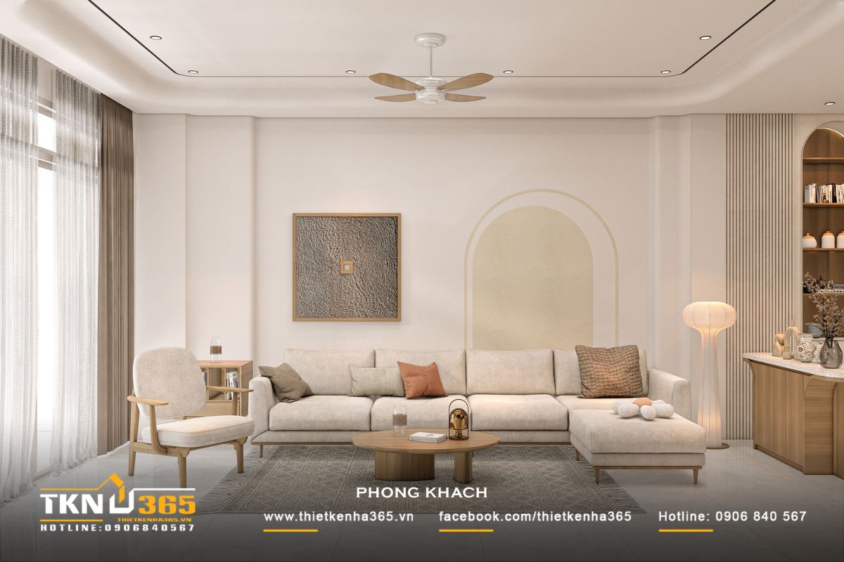 Ánh sáng tự nhiên được khai thác tối đa qua hệ cửa kính lớn, kết hợp rèm mỏng giúp điều tiết ánh sáng linh hoạt theo từng thời điểm trong ngày