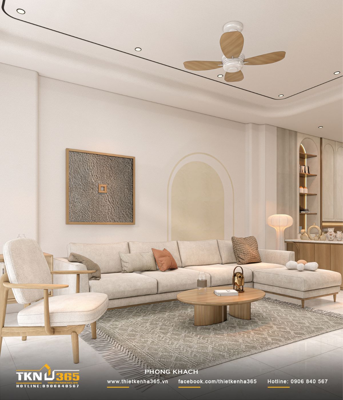 Bộ sofa vải mềm, bàn trà tròn và thảm màu sắc trung tính giúp tổng thể trở nên thư giãn, gần gũi và dễ chịu trong sinh hoạt hàng ngày