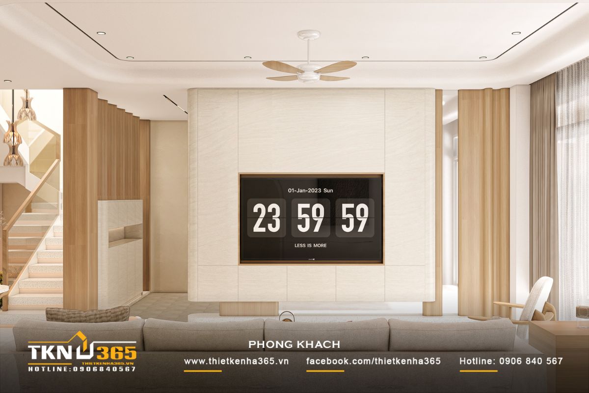 Vách tivi thiết kế tối giản, hạn chế chi tiết, góp phần giữ sự tinh gọn và tăng cảm giác rộng rãi cho không gian