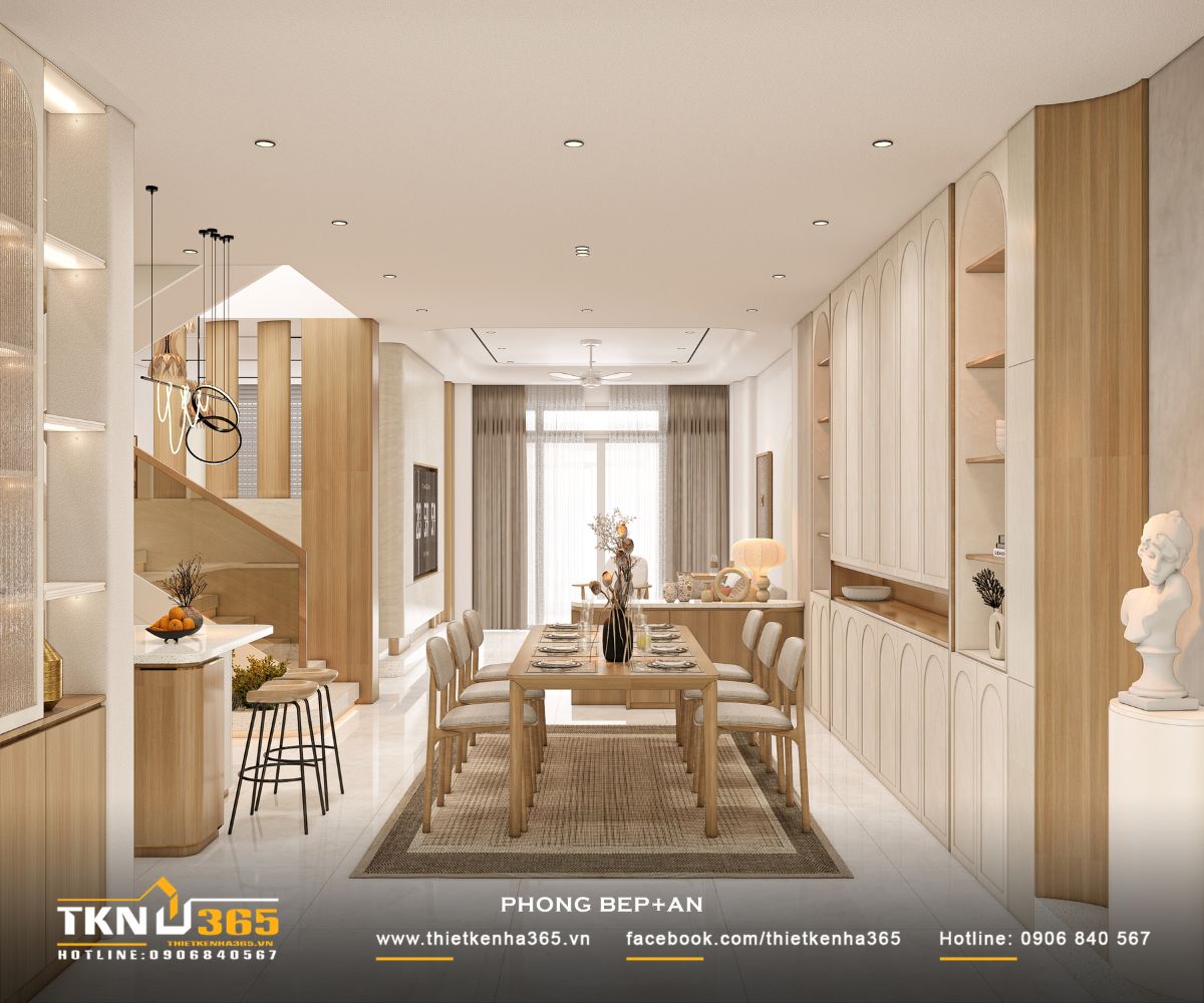 Không gian bếp - ăn nhà phố 3 tầng thiết kế liên thông với phòng khách, tạo nên trục sinh hoạt chung xuyên suốt và rộng rãi