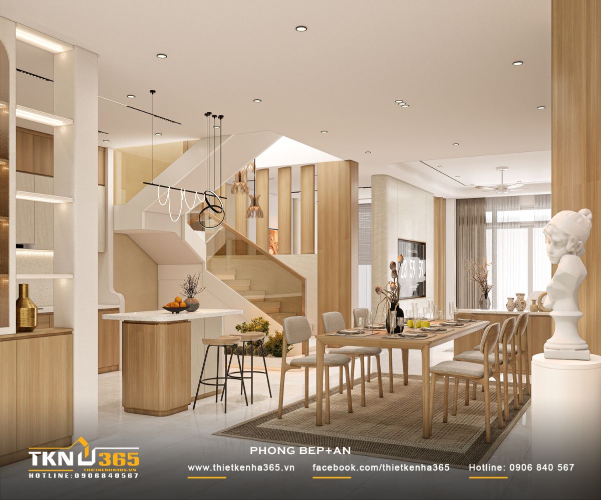 Sự kết nối liền mạch giữa bếp, cầu thang và phòng khách tăng khả năng tương tác trong sinh hoạt hàng ngày