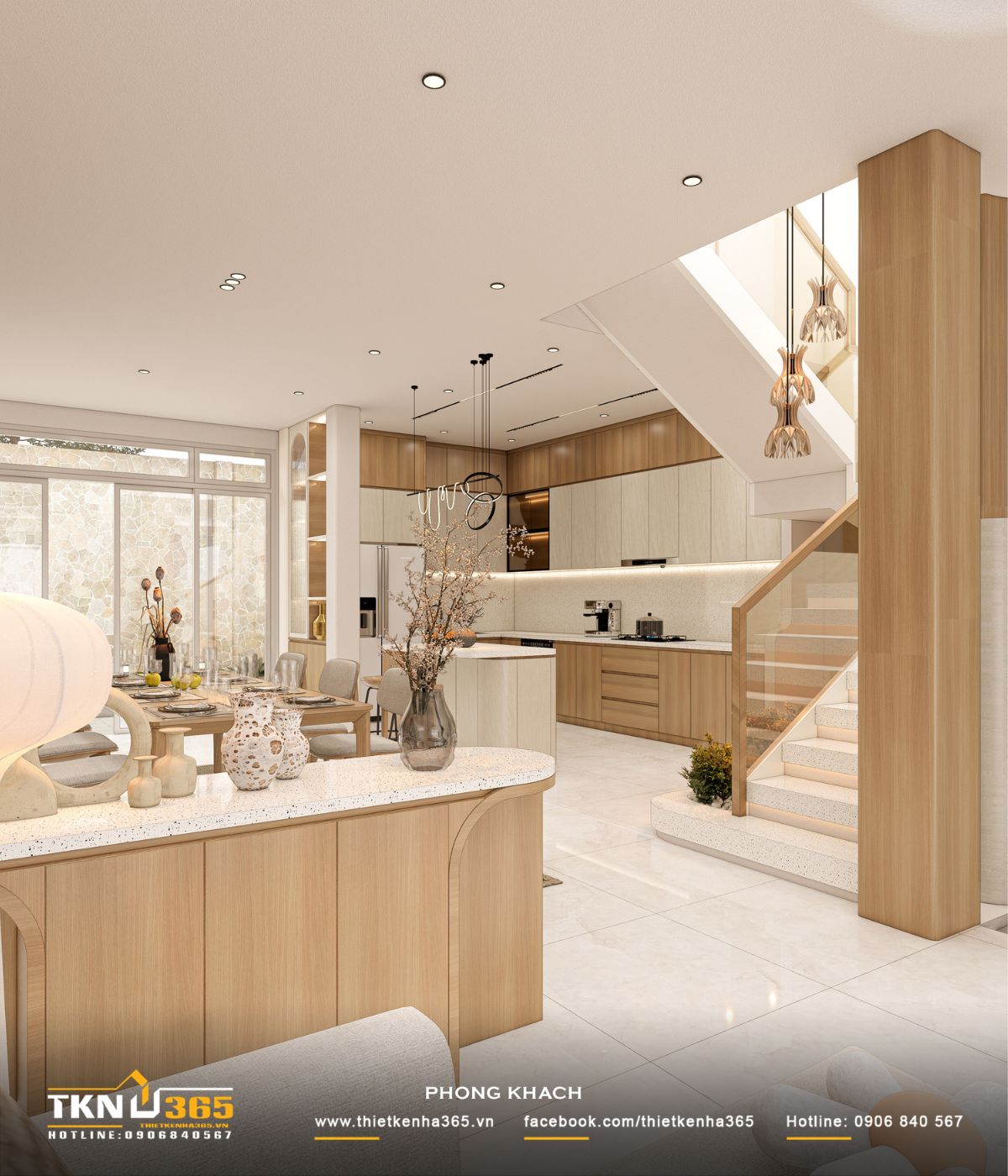 Các chi tiết cong mềm ở đảo bếp, tủ và cầu thang giúp không gian trở nên tinh tế, giảm cảm giác cứng của bố cục tuyến tính