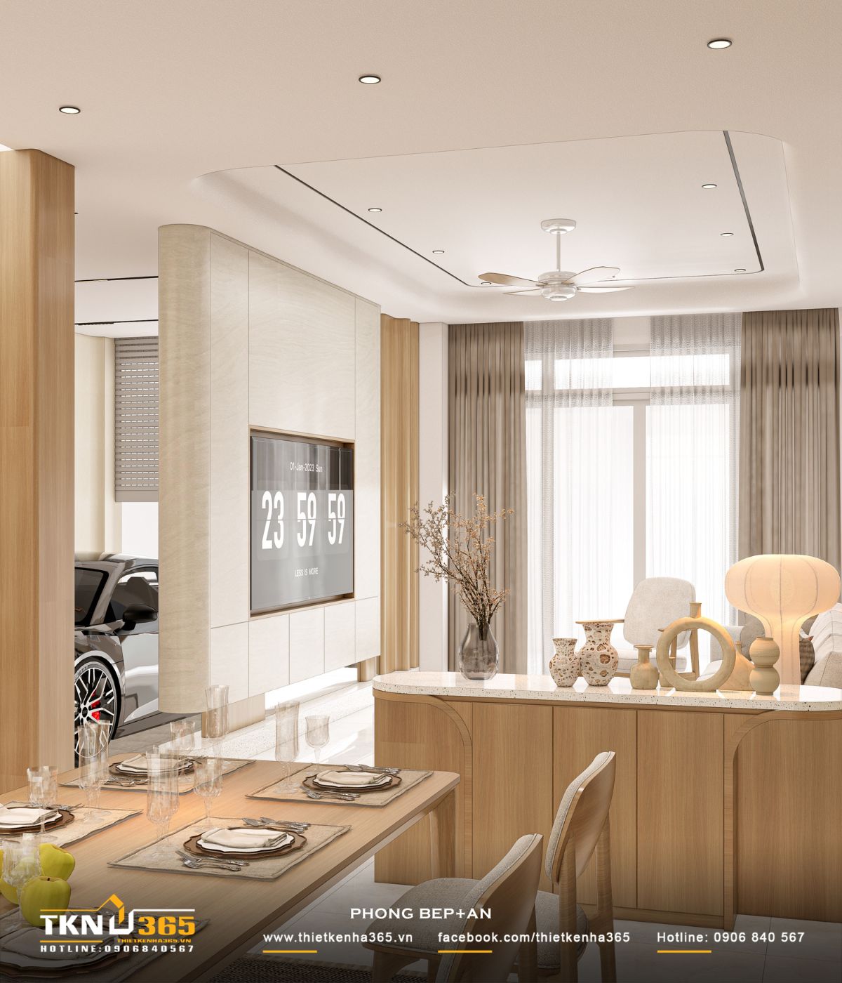 Khu vực bàn ăn bố trí gần cửa lấy sáng, kết hợp ánh sáng tự nhiên và đèn trang trí tạo nên không khí ấm cúng