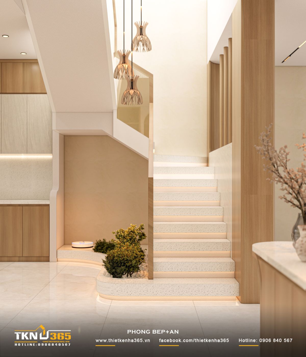 Khu vực cầu thang xử lý mềm mại với bậc bo cong, tiểu cảnh xanh và hệ đèn thả, mang lại cảm giác nhẹ nhàng và tăng chiều sâu cho không gian liên thông