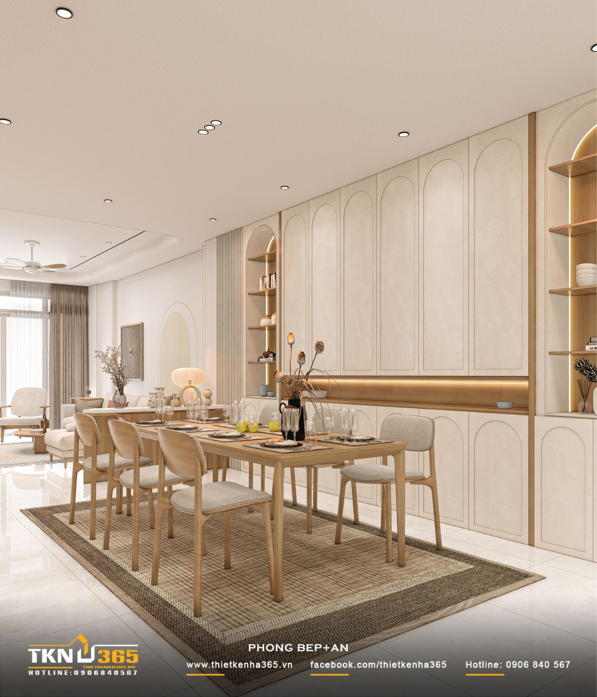 Mảng tường phía sau bàn ăn thiết kế tủ âm kết hợp kệ trang trí, vừa tăng lưu trữ vừa tạo điểm nhấn thẩm mỹ