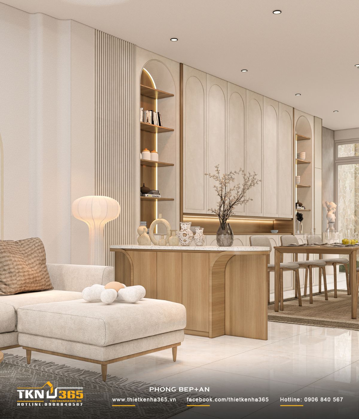 Tổng thể không gian sử dụng bảng màu trung tính cùng vật liệu gỗ sáng, mang lại cảm giác nhẹ nhàng và hài hòa