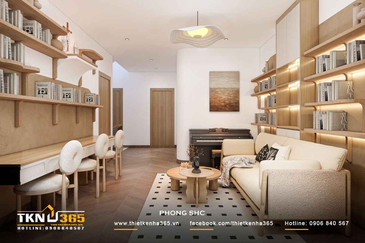 Hệ kệ sách bo cong kết hợp ánh sáng gián tiếp tạo chiều sâu thị giác, đồng thời mang lại cảm giác ấm áp và gần gũi