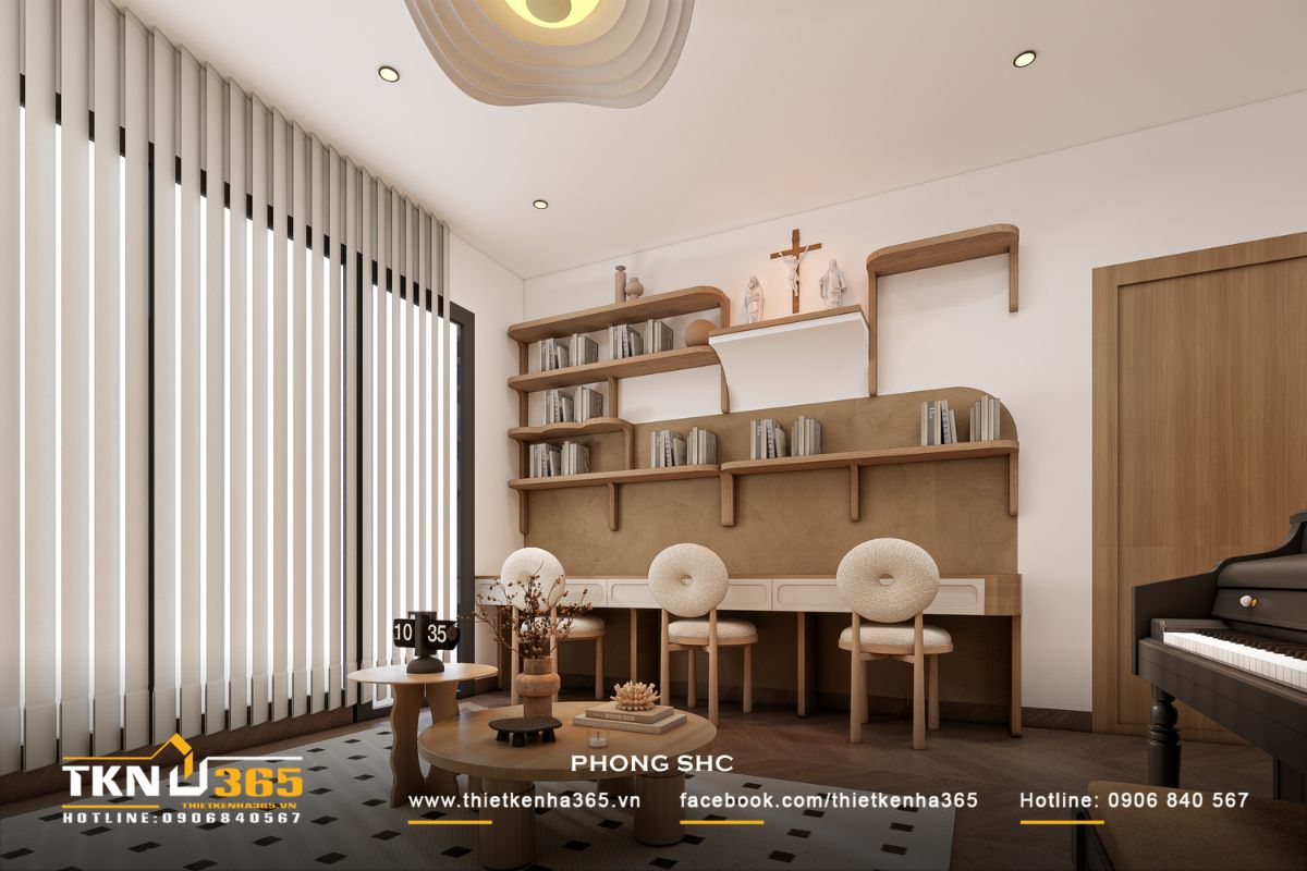 Góc piano bố trí tinh tế bên cạnh khu vực sinh hoạt, vừa là điểm nhấn thẩm mỹ vừa góp phần nâng cao giá trị tinh thần cho không gian
