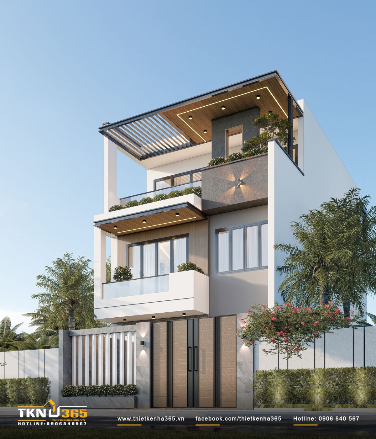 Mái đua kết hợp hệ lam phía trên đóng vai trò che nắng, đồng thời tạo chiều sâu và nhịp điệu cho mặt tiền nhà phố 3 tầng