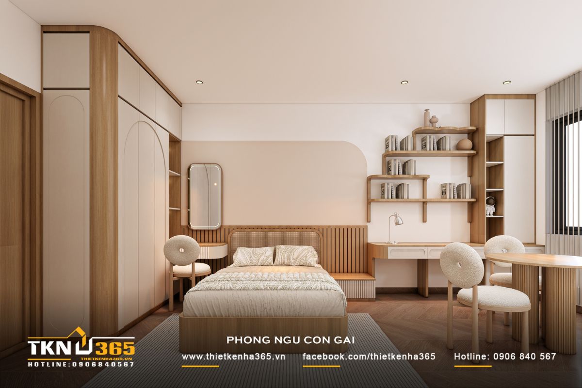 Phòng ngủ con gái trong nhà phố 3 tầng sử dụng bảng màu nhẹ nhàng kết hợp đường cong mềm mại, tạo nên không gian ấm áp và nữ tính