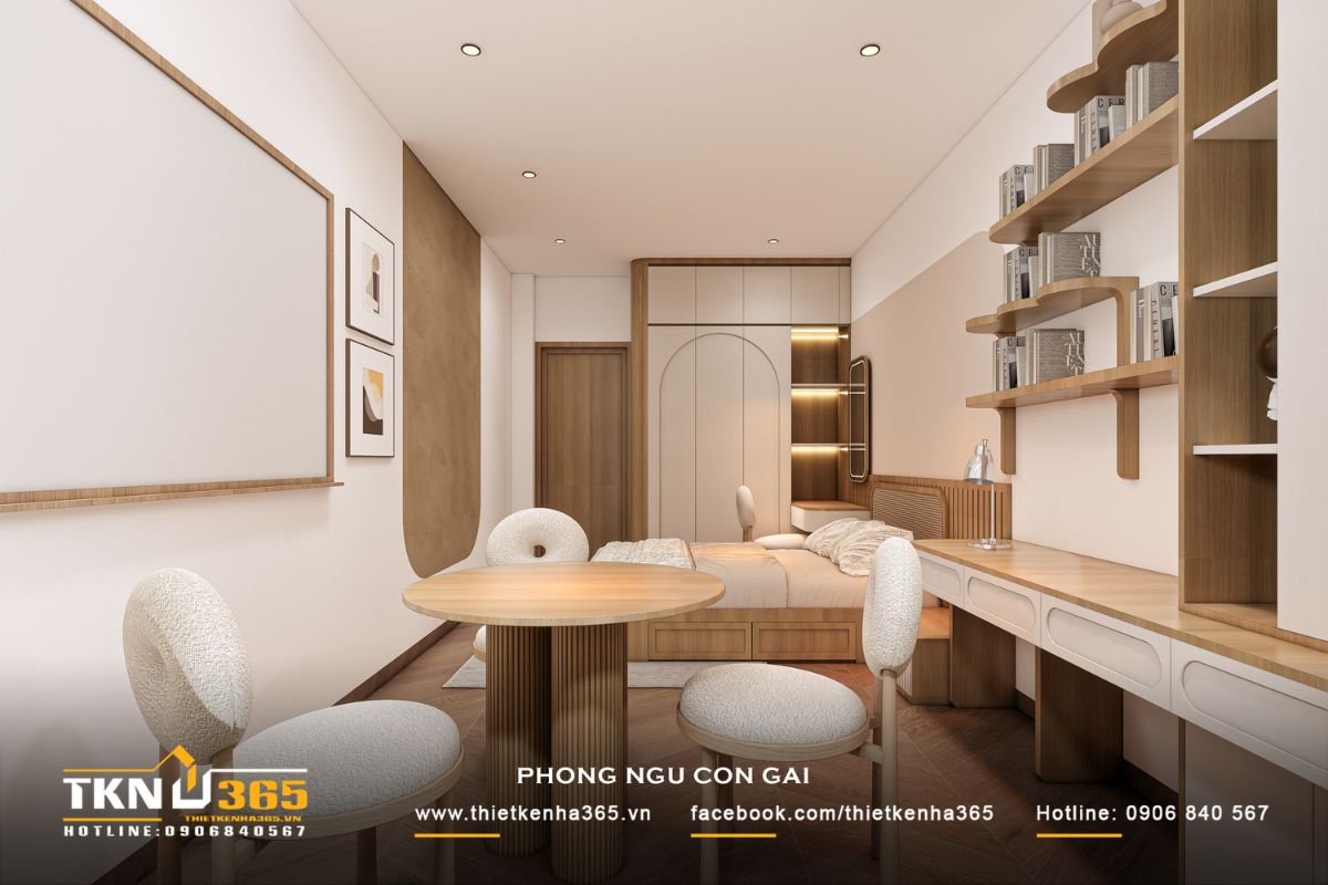 Góc nhìn tổng thể cho thấy sự kết hợp hài hòa giữa giường ngủ, bàn học và hệ tủ, đảm bảo tiện nghi trong sinh hoạt hàng ngày