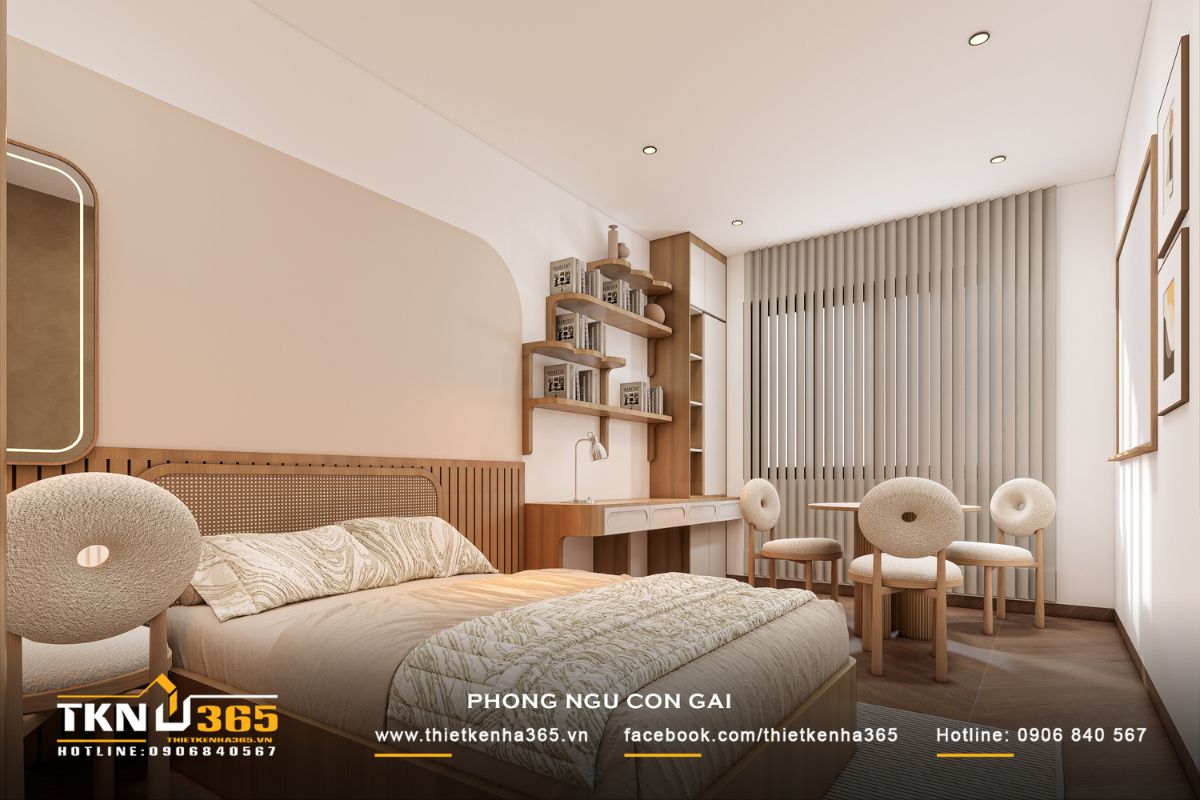 Khu vực bàn học và kệ sách thiết kế bo cong, vừa tăng tính thẩm mỹ vừa mang lại cảm giác nhẹ nhàng, dễ chịu