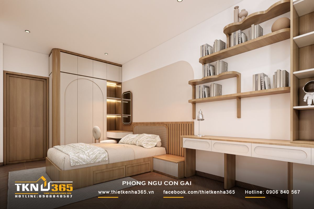 Hệ nội thất tích hợp từ giường, tủ đến bàn học giúp tối ưu diện tích, tạo nên không gian gọn gàng và thông thoáng