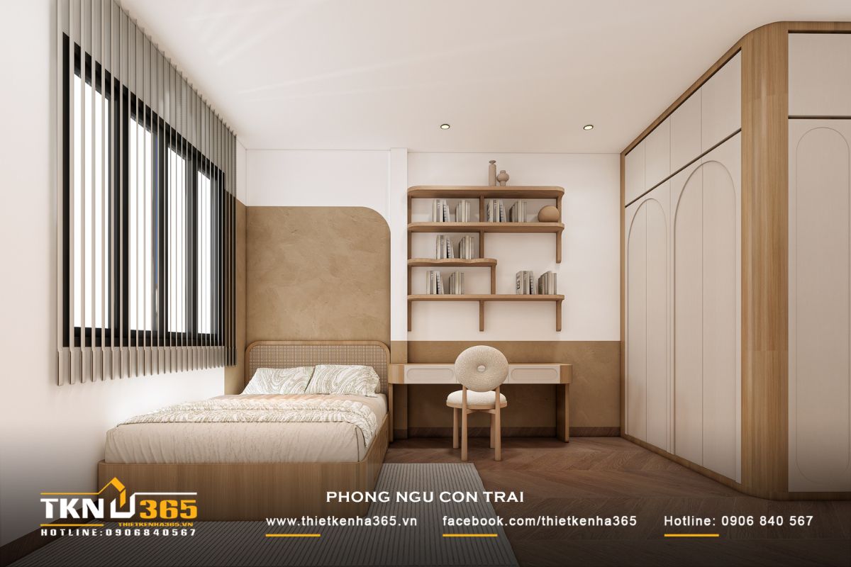 Phòng ngủ bé trai được thiết kế với bảng màu trung tính ấm áp, nổi bật bởi mảng tường bo cong phía đầu giường, giúp không gian trở nên mềm mại và dễ chịu hơn