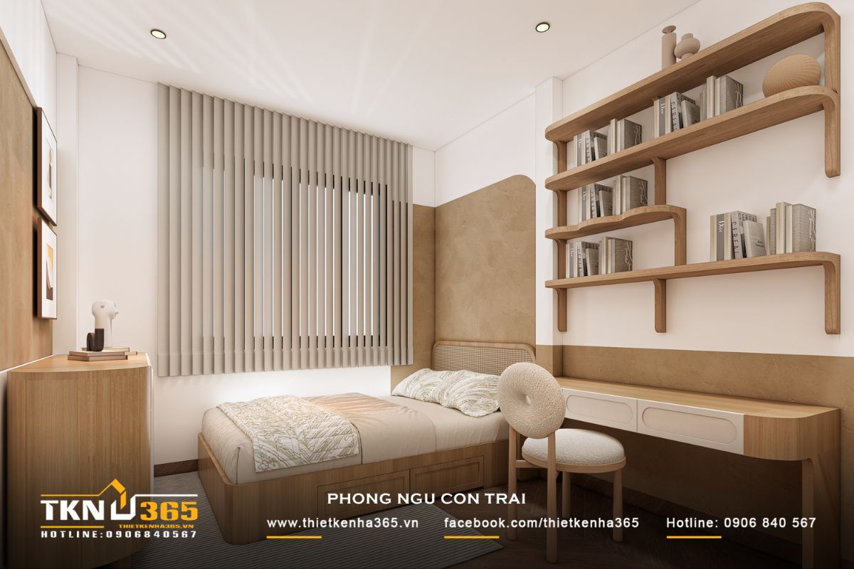 Hệ bàn học và kệ sách treo tường sử dụng các đường cong liên tục, vừa tạo điểm nhấn thị giác vừa mang lại cảm giác chuyển tiếp nhẹ nhàng trong không gian