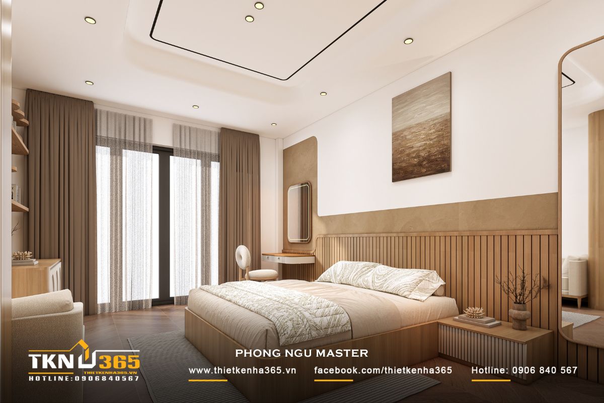 Phòng ngủ master được định hình bởi bảng màu trung tính ấm áp, nổi bật với mảng tường bo cong đầu giường kết hợp lam gỗ, tạo nên cảm giác mềm mại và thư giãn