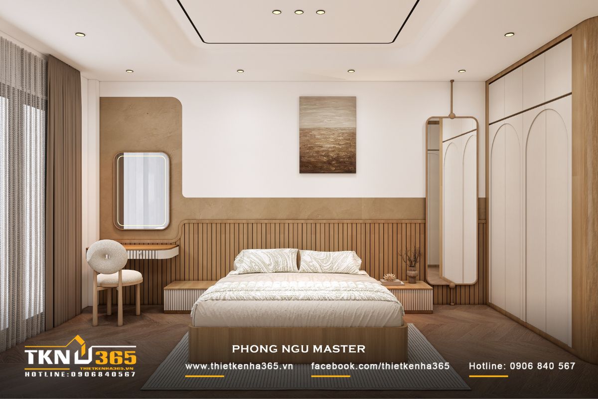 Bố cục không gian cân đối với hệ tủ và bàn trang điểm thiết kế liền mạch, các chi tiết bo tròn giúp giảm bớt sự khô cứng, mang lại trải nghiệm sử dụng nhẹ nhàng