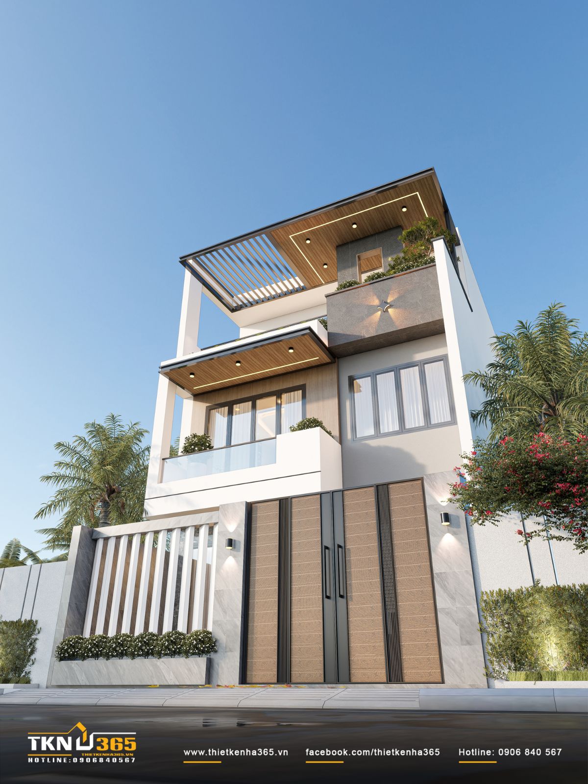 Lớp cổng và tường rào phía trước thiết kế đồng bộ vật liệu với công trình, tạo nên lớp đệm chuyển tiếp rõ ràng giữa không gian đô thị và bên trong nhà