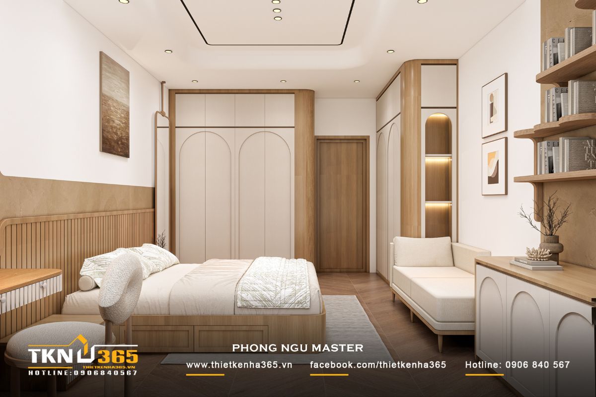 Sự liên kết giữa tủ quần áo, ghế thư giãn và kệ trang trí, trong đó các đường cong được lặp lại như một ngôn ngữ xuyên suốt