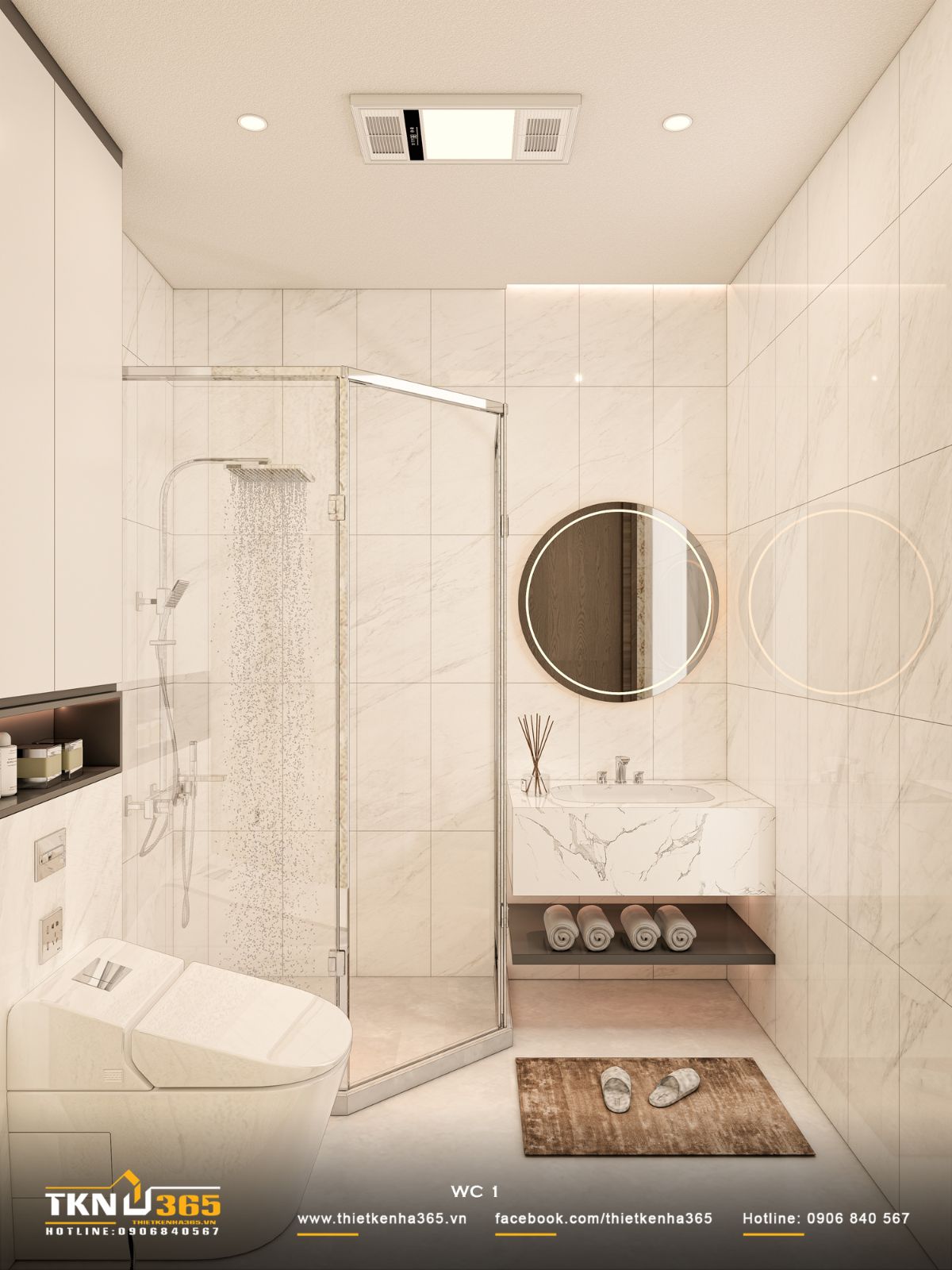 Không gian WC sử dụng bảng màu sáng kết hợp vách kính, giúp tổng thể luôn sạch sẽ và thông thoáng