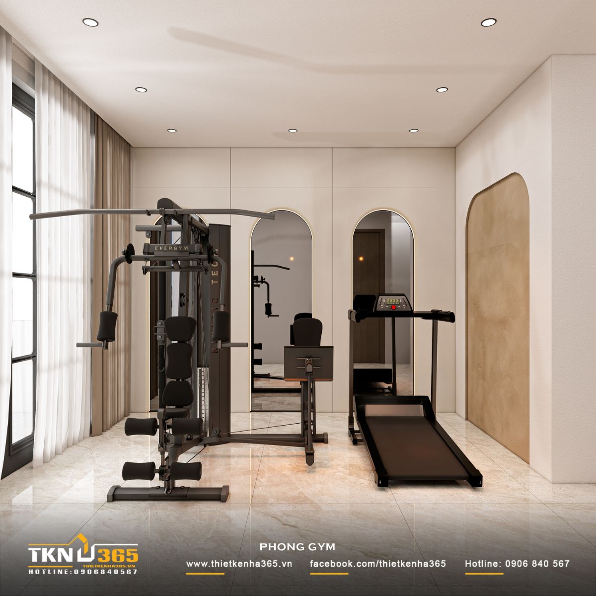 Phòng gym bố trí gọn gàng với đầy đủ thiết bị cơ bản, cho phép linh hoạt thay đổi công năng theo nhu cầu sử dụng