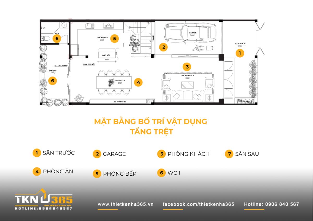 Mặt bằng tầng trệt nhà phố 3 tầng T’S House tổ chức không gian liên thông từ garage, phòng khách đến bếp - ăn, giúp mở rộng tầm nhìn và tăng tính kết nối trong sinh hoạt hàng ngày