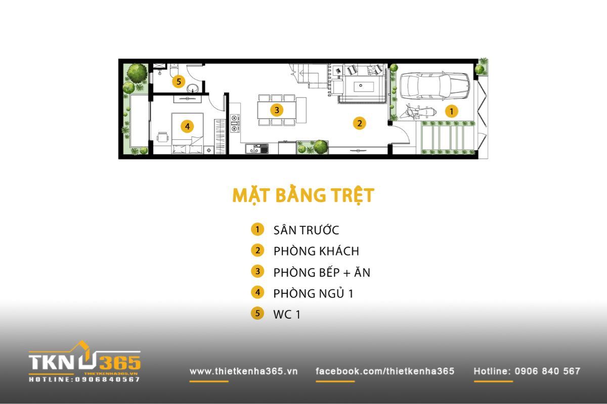 Bản vẽ mặt bằng nhà phố 3 tầng 5x20m với gara ô tô tích hợp ở tầng trệt, đáp ứng nhu cầu sử dụng mà không gây ảnh hưởng đến công năng