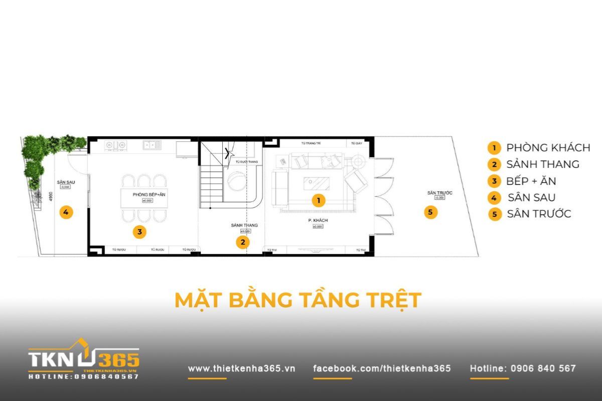 Bản vẽ nhà 5x20m 3 tầng với mặt bằng tầng 1 bố trí không gian sinh hoạt chung rộng thoáng