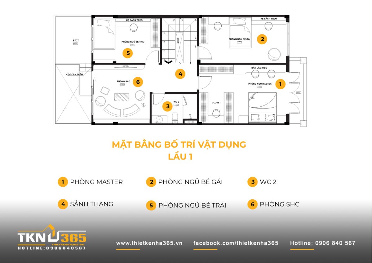 Mặt bằng lầu 1 phân chia rõ ràng giữa các phòng ngủ và khu sinh hoạt chung, đảm bảo sự riêng tư nhưng vẫn duy trì điểm kết nối cho các thành viên trong gia đình