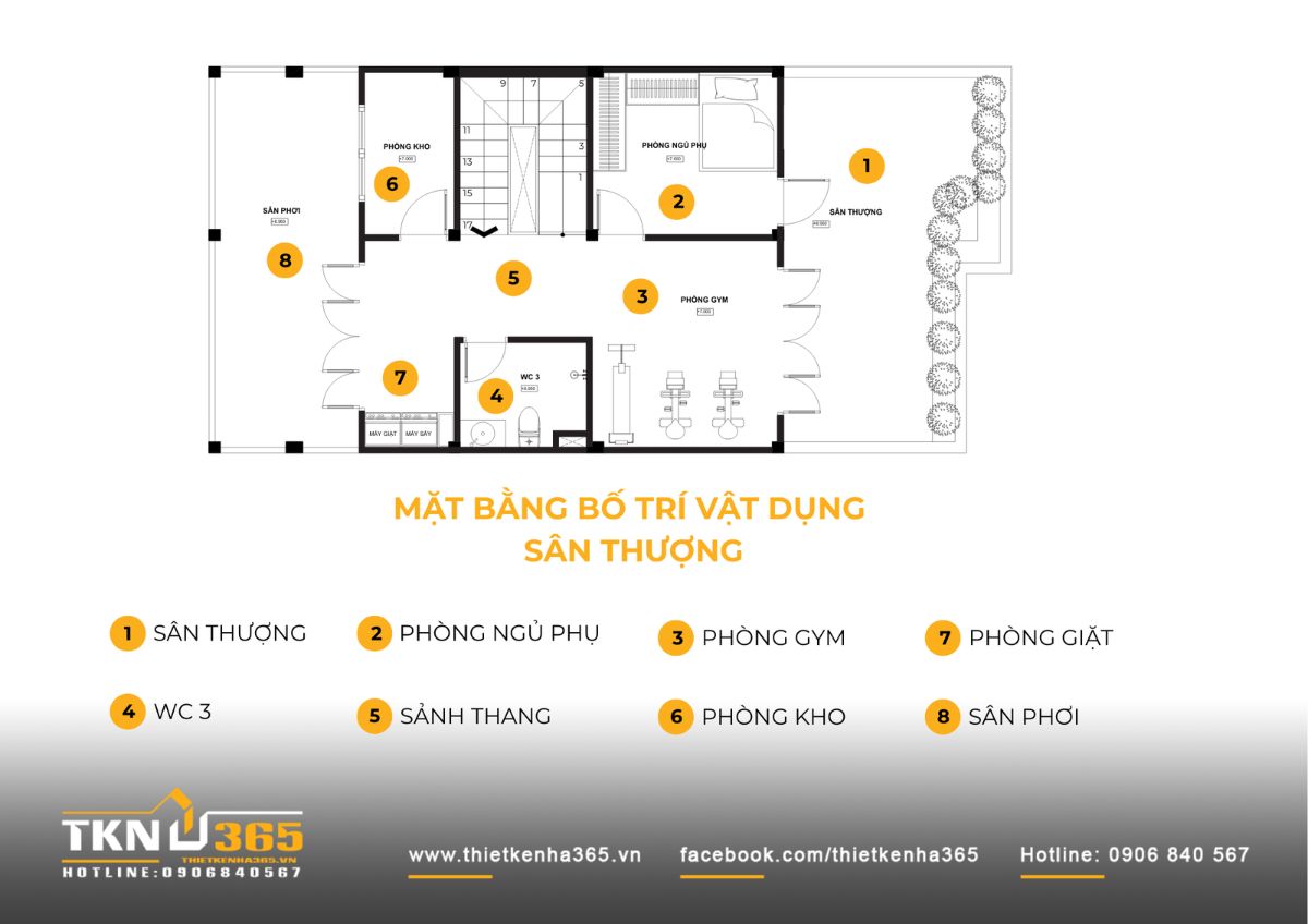 Tầng trên cùng bố trí linh hoạt với phòng gym, phòng ngủ phụ và sân thượng, mở rộng công năng sử dụng đồng thời tăng cường thông thoáng tự nhiên cho toàn bộ công trình