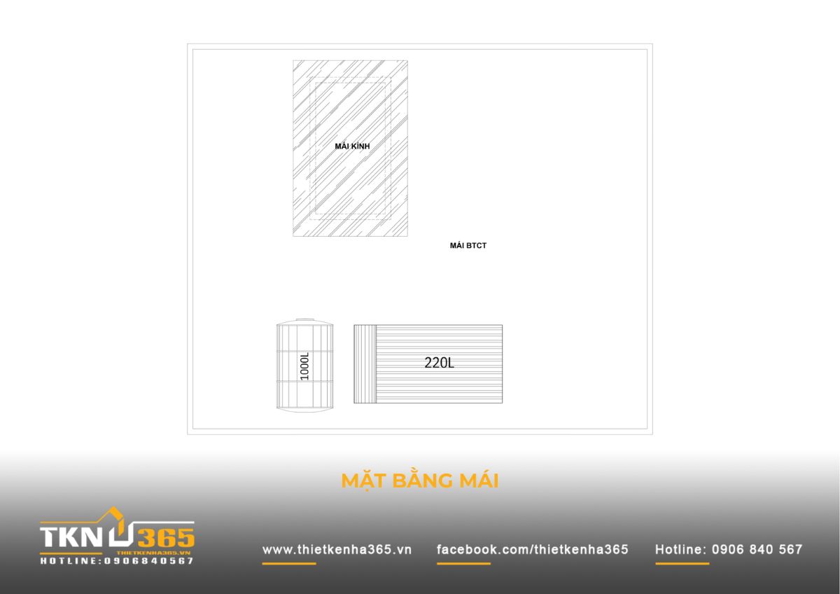 Mặt bằng mái được thiết kế gọn gàng với hệ thống kỹ thuật và mái kính lấy sáng, góp phần hỗ trợ thông gió và điều tiết ánh sáng cho không gian bên dưới