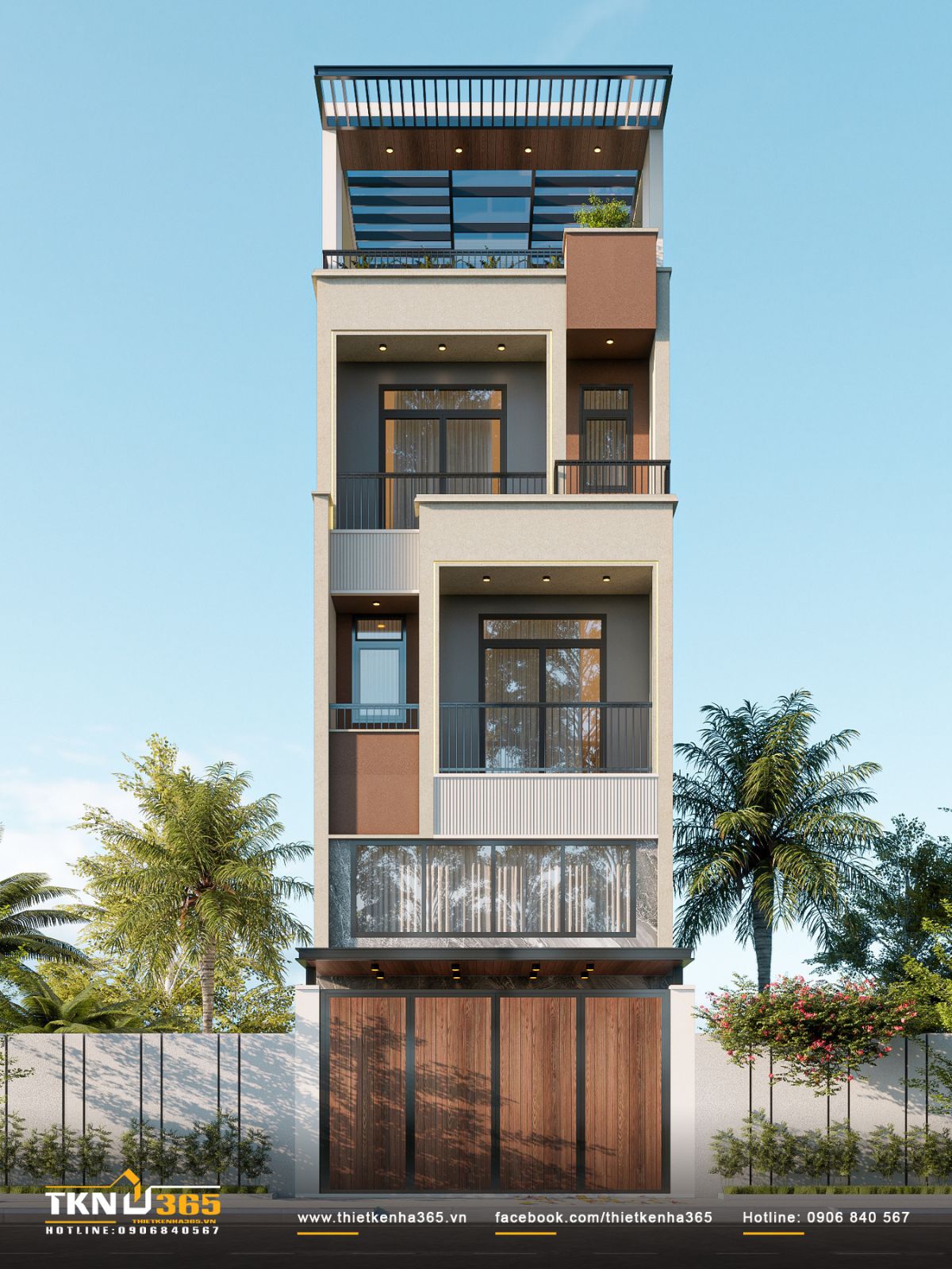 Mặt tiền nhà phố 4 tầng 5x21m thể hiện rõ các khối đua - lùi, tạo chiều sâu và nhịp điệu thị giác