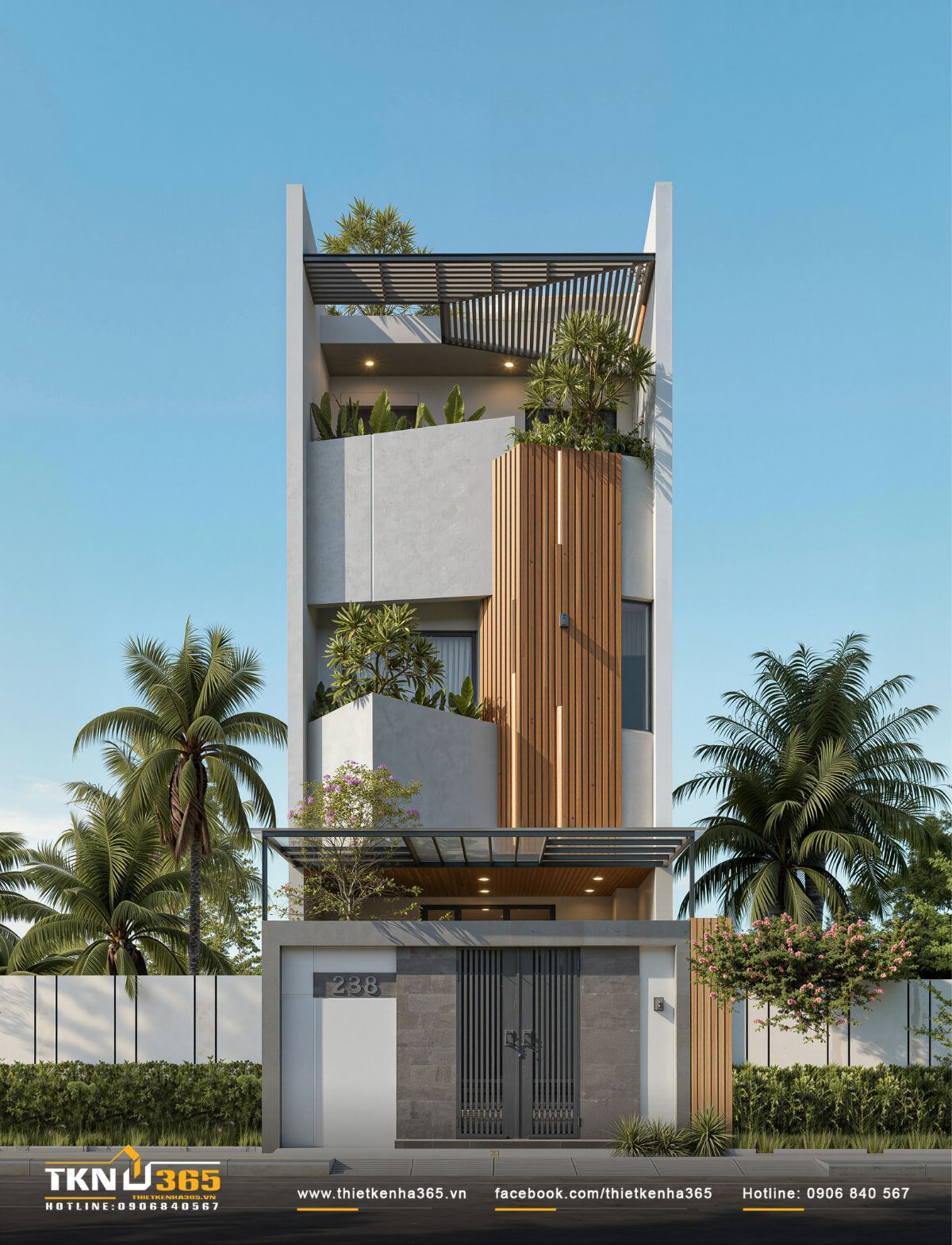 Mặt tiền nh&agrave; phố 4 tầng Sunset House tổ chức th&agrave;nh nhiều lớp với hệ lam đứng v&agrave; khoảng đệm gi&uacute;p l&agrave;m dịu &aacute;nh nắng hướng T&acirc;y ngay từ b&ecirc;n ngo&agrave;i