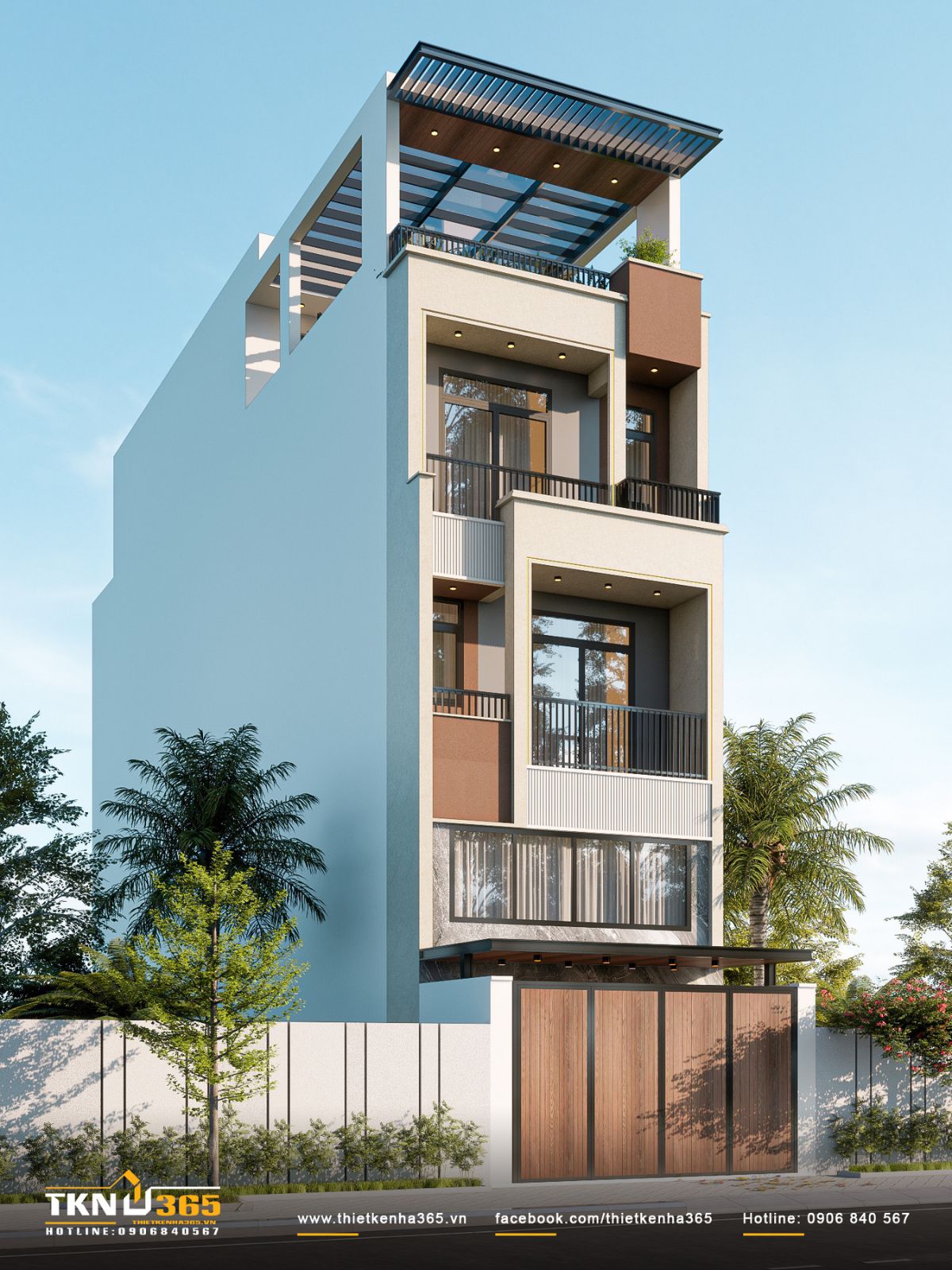 Hệ khung bao và ban công đóng vai trò như lớp đệm vi khí hậu cho không gian bên trong nhà phố 4 tầng 5x21m