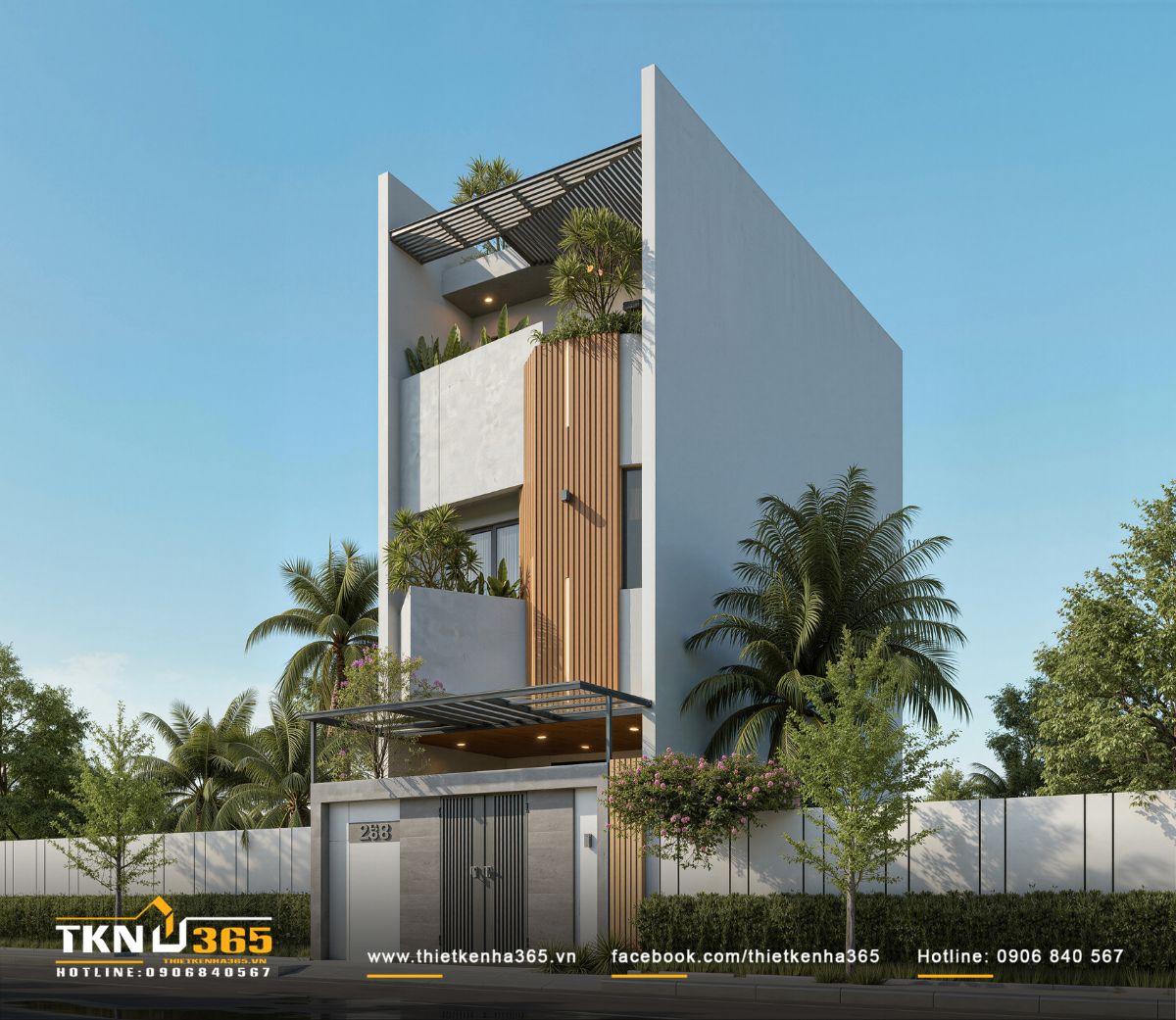 Ban c&ocirc;ng, lam gỗ v&agrave; mảng xanh đan xen tạo n&ecirc;n lớp chắn nắng tự nhi&ecirc;n, đồng thời giữ cho nh&agrave; phố 4 tầng lu&ocirc;n th&ocirc;ng tho&aacute;ng v&agrave; c&oacute; chiều s&acirc;u thị gi&aacute;c