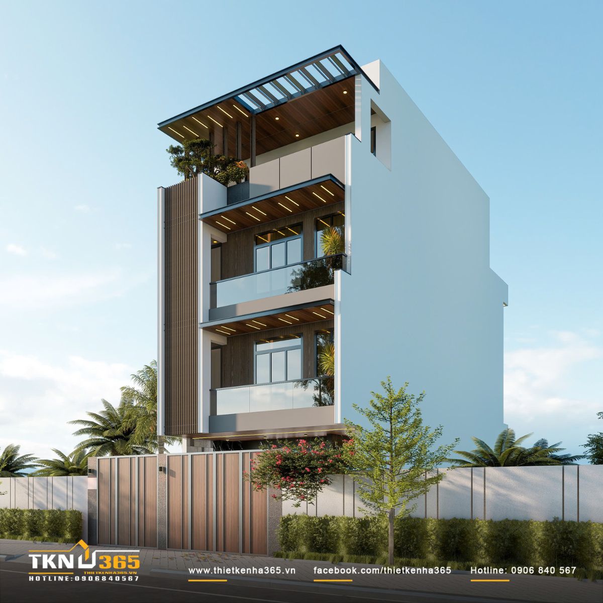 Tổng thể nhà phố 4 tầng 7x13m với mảng tường sáng và vật liệu vân gỗ tạo cảm giác hiện đại, ấm áp