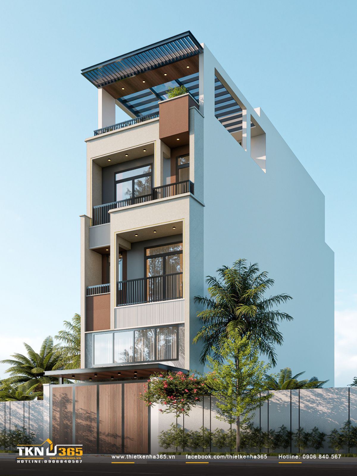 Hình khối bên hông nhà phố 4 tầng cho thấy sự tiết chế vật liệu và cách tổ chức mảng đặc - rỗng mạch lạc theo phương đứng