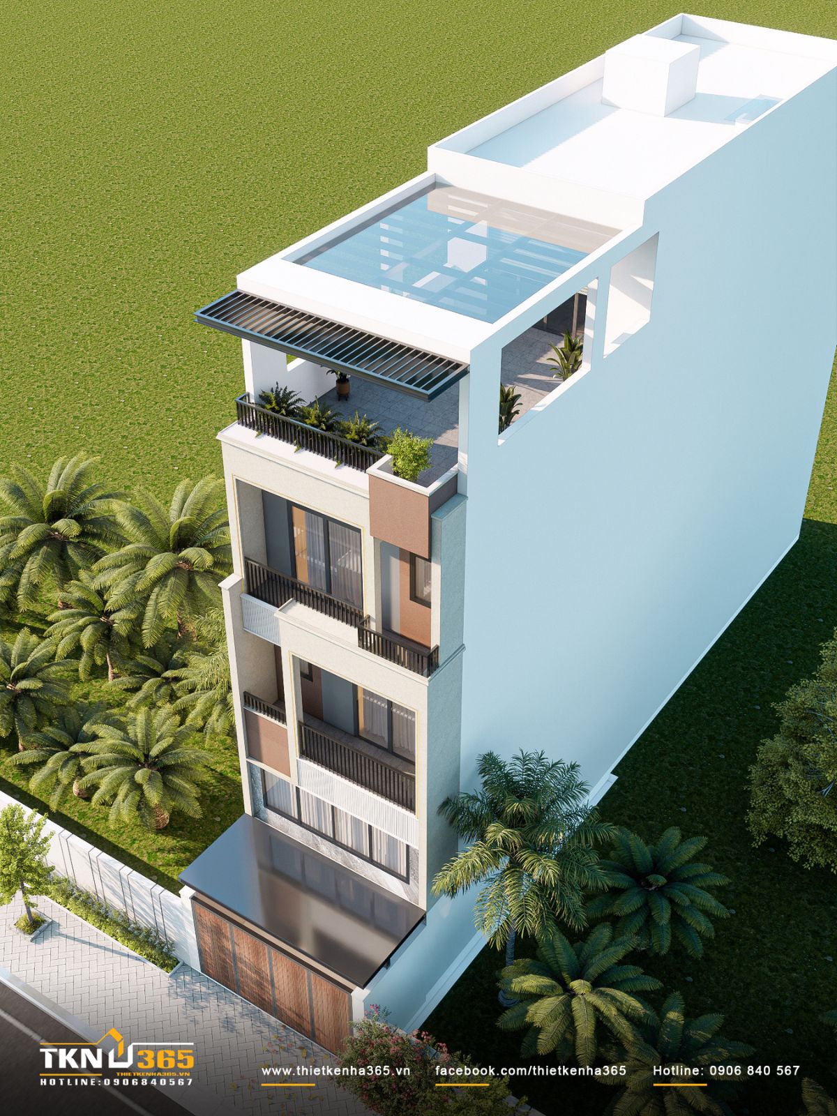 Sân thượng nhà phố 4 tầng được tổ chức như một không gian sinh hoạt thực thụ với mái kính lấy sáng và hệ lam che giảm nắng trực tiếp