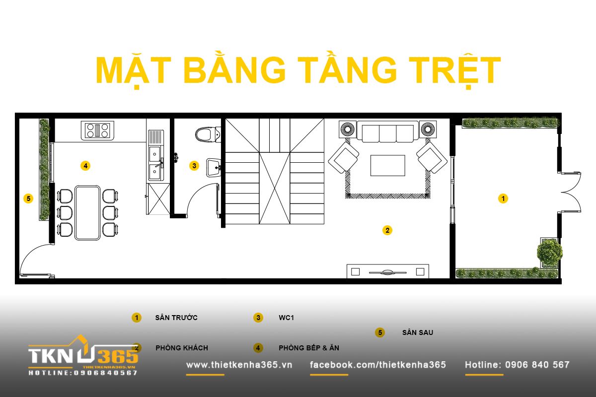 Mặt bằng tầng trệt nh&agrave; phố 4 tầng với s&acirc;n trước v&agrave; s&acirc;n sau đ&oacute;ng vai tr&ograve; v&ugrave;ng đệm, hỗ trợ lưu th&ocirc;ng kh&ocirc;ng kh&iacute; xuy&ecirc;n suốt kh&ocirc;ng gian