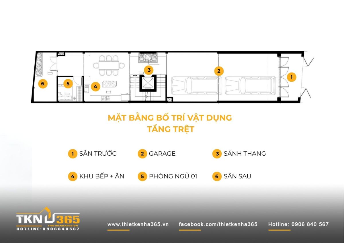 Tầng trệt nhà phố 4 tầng 5x21m tổ chức theo trục trước - sau rõ ràng, lõi thang đặt giữa giúp rút ngắn di chuyển và tách biệt các khu vực chức năng