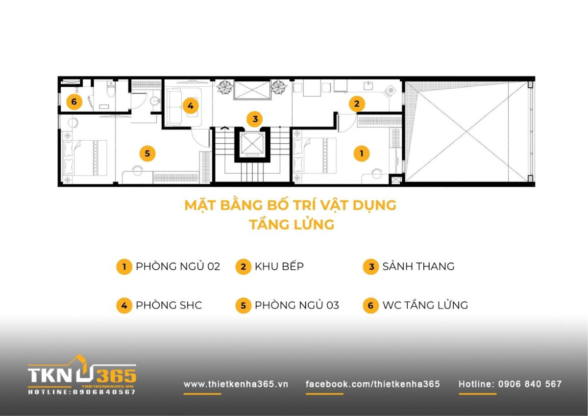 Tầng lửng nhà phố 4 tầng đóng vai trò lớp chuyển tiếp, bổ sung phòng ngủ và không gian sinh hoạt chung